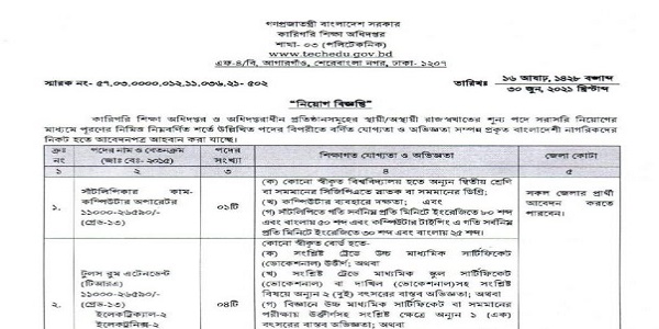 কারিগরি শিক্ষা অধিদপ্তরের নতুন নিয়োগ বিজ্ঞপ্তি প্রকাশ (২৮১টি পদে)