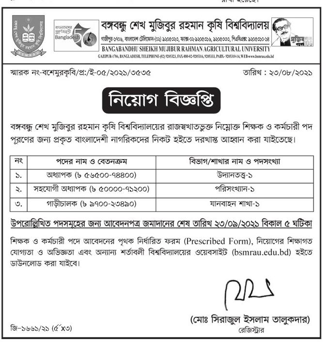 বঙ্গবন্ধু শেখ মুজিবুর রহমান কৃষি বিশ্ববিদ্যালয়ের নতুন নিয়োগ বিজ্ঞপ্তি প্রকাশ