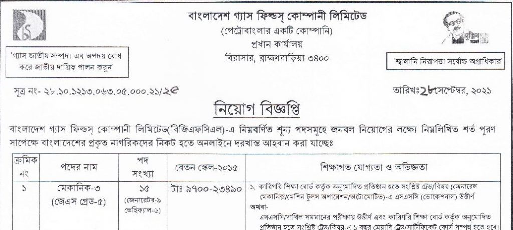 ১৪৯ পদে বাংলাদেশ গ্যাস ফিল্ড কোম্পানি লিমিটেডের নতুন নিয়োগ বিজ্ঞপ্তি প্রকাশ