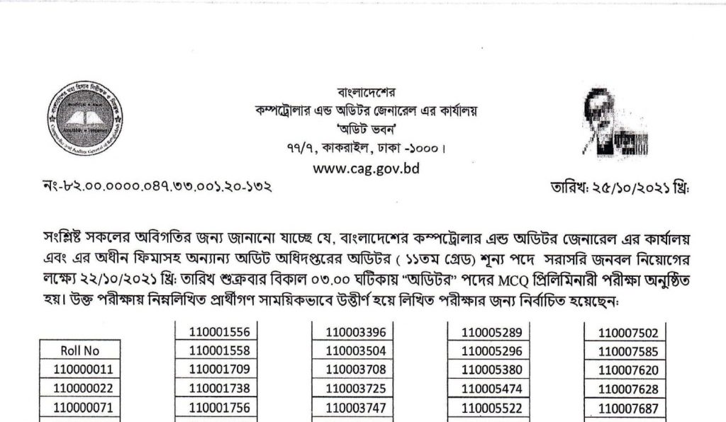 এইমাত্র কম্পট্রোলার এন্ড অডিটর জেনারেল এর কার্যালয়ের MCQ পরীক্ষার ফলাফল প্রকাশ