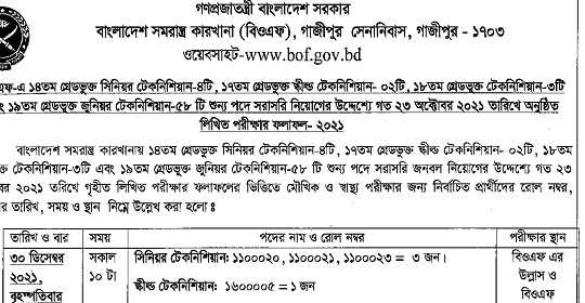 বাংলাদেশ সমরাস্ত্র কারখানার লিখিত পরীক্ষার ফলাফল ও মৌখিক পরীক্ষার সময়সূচি প্রকাশ