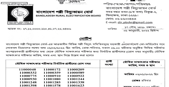 বাংলাদেশ পল্লী বিদ্যুতায়ন বোর্ডের পরীক্ষার ফলাফল ও মৌখিক পরীক্ষার সময়সূচি প্রকাশ