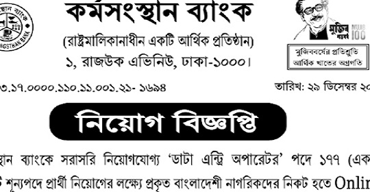 ১৭৭ পদে কর্মসংস্থান ব্যাংকের নতুন নিয়োগ বিজ্ঞপ্তি প্রকাশ