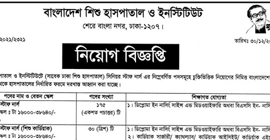 ২০৫ পদে বাংলাদেশ শিশু হাসপাতাল ও ইনস্টিটিউট এ নতুন নিয়োগ বিজ্ঞপ্তি প্রকাশ