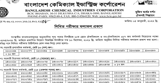 বাংলাদেশ কেমিক্যাল ইন্ডাস্ট্রিজ কর্পোরেশন এর লিখিত পরীক্ষার ফলাফল প্রকাশ