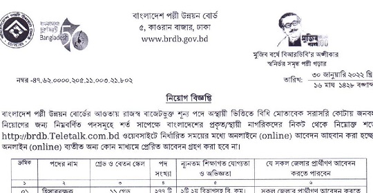 ৬২৬ পদে বাংলাদেশ পল্লী উন্নয়ন বোর্ডের নতুন নিয়োগ বিজ্ঞপ্তি প্রকাশ