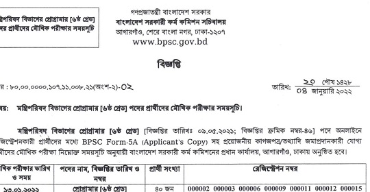 মন্ত্রি পরিষদের প্রোগ্রামার পদের মৌখিক পরীক্ষার সময়সূচী প্রকাশ