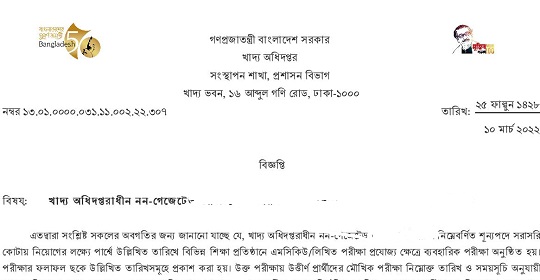 খাদ্য অধিদপ্তরের অডিটর পদ সহ বিভিন্ন পদের মৌখিক পরীক্ষার সময়সূচী প্রকাশ