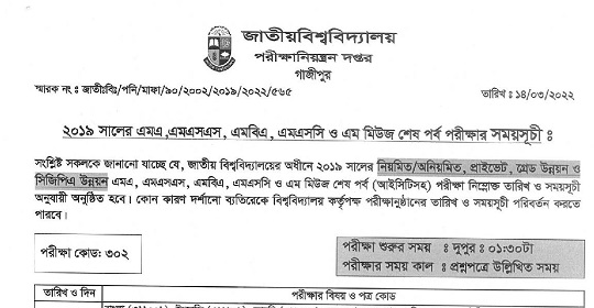 ২০১৯ সালের মাস্টার্স শেষ পর্ব পরীক্ষার রুটিন প্রকাশ