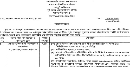 ৪৪৯ পদে গৃহায়ন ও গণপূর্ত অধিদপ্তরের নতুন নিয়োগ বিজ্ঞপ্তি প্রকাশ