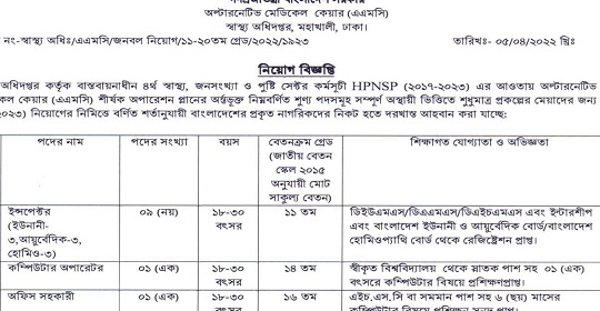 ২২৬ পদে স্বাস্থ্য অধিদপ্তরের অধীনে নতুন নিয়োগ বিজ্ঞপ্তি প্রকাশ