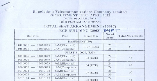 বাংলাদেশ টেলিকমিউনিকেশন কোম্পানি লিমিটেড এর পরীক্ষার সময়সূচী ও আসন বিন্যাস প্রকাশ
