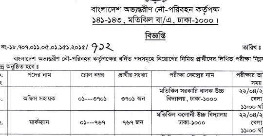 বাংলাদেশ অভ্যন্তরীণ নৌ-পরিবহন কর্তৃপক্ষ এর পরীক্ষার সময়সূচি এডমিট কার্ড ও কেন্দ্রতালিকা প্রকাশ