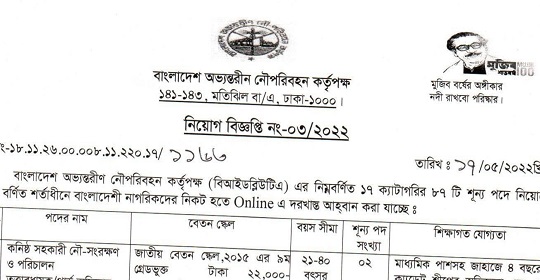 বাংলাদেশ অভ্যন্তরীণ নৌ-পরিবহন কর্তৃপক্ষ এর নতুন নিয়োগ বিজ্ঞপ্তি প্রকাশ