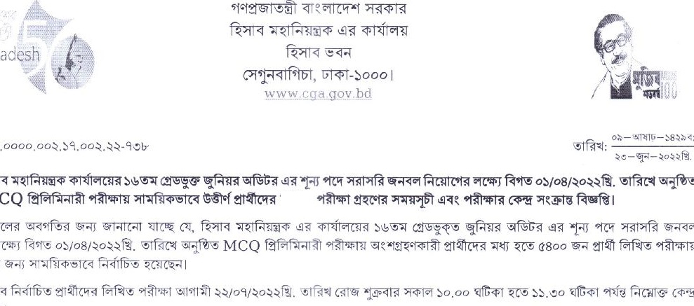 ৪৫৭ পদের হিসাব মহানিয়ন্ত্রকের কার্যালয়ের জুনিয়র অডিটর পদের পরীক্ষার সময়সূচী প্রকাশ