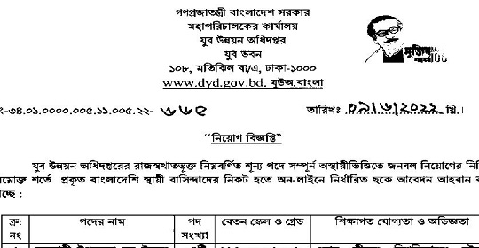 যুব উন্নয়ন অধিদপ্তরের নতুন নিয়োগ বিজ্ঞপ্তি প্রকাশ