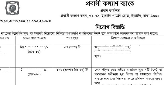 প্রবাসী কল্যাণ ব্যাংকের নতুন নিয়োগ বিজ্ঞপ্তি প্রকাশ