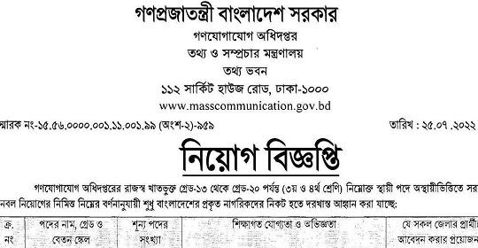 ৩৯৭ পদে গণযোগাযোগ অধিদপ্তরের নতুন নিয়োগ বিজ্ঞপ্তি প্রকাশ