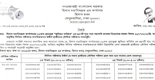 ৪৫৭ পদে হিসাব মহানিয়ন্ত্রকের কার্যালয়ের পরীক্ষার সময়সূচি প্রকাশ