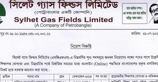 সিলেট গ্যাস ফিল্ডস লিমিটেডের নতুন নিয়োগ বিজ্ঞপ্তি প্রকাশ