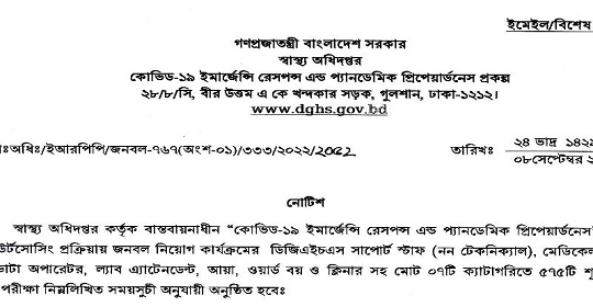 ৫৭৫ পদে স্বাস্থ্য অধিদপ্তরের অধীনে নিয়োগ পরীক্ষার সময়সূচি প্রকাশ