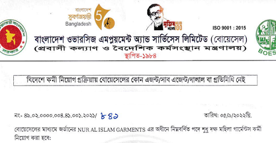 সরকারিভাবে জর্ডানে গার্মেন্টস এ নিয়োগ বিজ্ঞপ্তি প্রকাশ