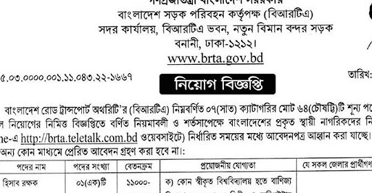 বাংলাদেশ রোড ট্রান্সপোর্ট অথরিটি (বিআরটিএ) এর নতুন নিয়োগ বিজ্ঞপ্তি প্রকাশ