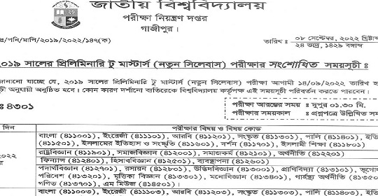 জাতীয় বিশ্ববিদ্যালয়ের প্রিলিমিনারি টু মাস্টার্স (নতুন সিলেবাস) পরীক্ষার সংশোধিত রুটিন-২০১৯