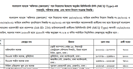 বাংলাদেশ ব্যাংকের (MCQ) পরীক্ষার সময়সূচি কেন্দ্রতালিকা ও আসনবিন্যাস প্রকাশ