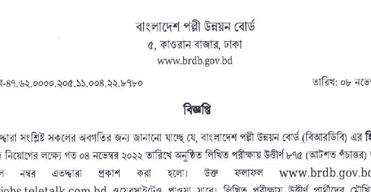 বাংলাদেশ পল্লী উন্নয়ন বোর্ডের  লিখিত পরীক্ষার ফলাফল প্রকাশ