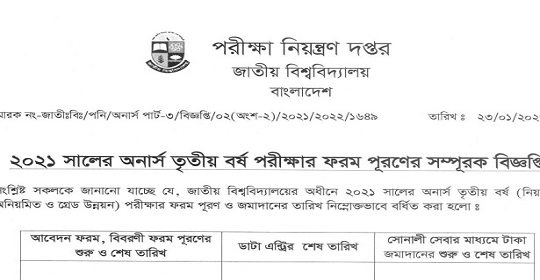 ২০২১ সালের অনার্স ৩য় বর্ষ পরীক্ষার ফরম পূরণ সংক্রান্ত নোটিশ প্রকাশ