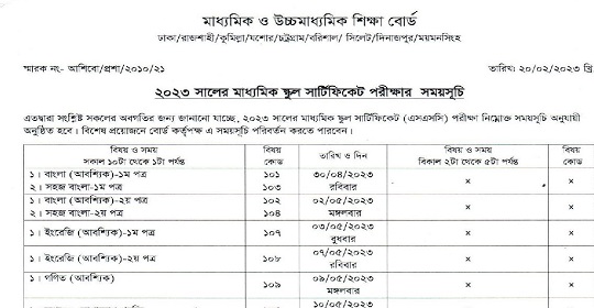 ২০২৩ সালের এসএসসি (SSC) পরীক্ষার রুটিন প্রকাশ