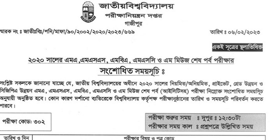 ২০২০ সালের মাস্টার্স শেষ পর্ব পরীক্ষার সংশোধিত সময়সূচী প্রকাশ