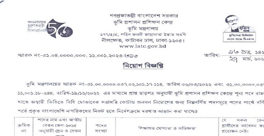 ভূমি প্রশাসন প্রশিক্ষণ কেন্দ্রের নতুন নিয়োগ বিজ্ঞপ্তি প্রকাশ