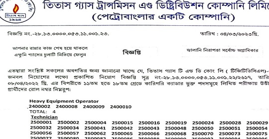 তিতাস গ্যাস ট্রান্সমিশন এন্ড ডিষ্ট্রিবিউশন কোম্পানী লিমিটেডের চাকরির পরীক্ষার ফলাফল প্রকাশ