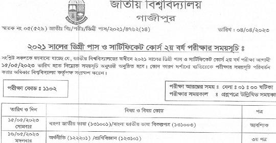 ২০২১ সালের ডিগ্রি পাস ও সার্টিফিকেট কোর্স ২য় বর্ষ পরীক্ষার রুটিন প্রকাশ