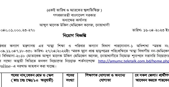 আব্দুল মালেক উকিল মেডিকেল কলেজ নোয়াখালীর নতুন নিয়োগ বিজ্ঞপ্তি প্রকাশ