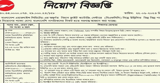 ৭৯ পদে বিমান ফ্লাইট ক্যাটারিং সেন্টার (বিএফসিসি)-তে নতুন নিয়োগ বিজ্ঞপ্তি প্রকাশ